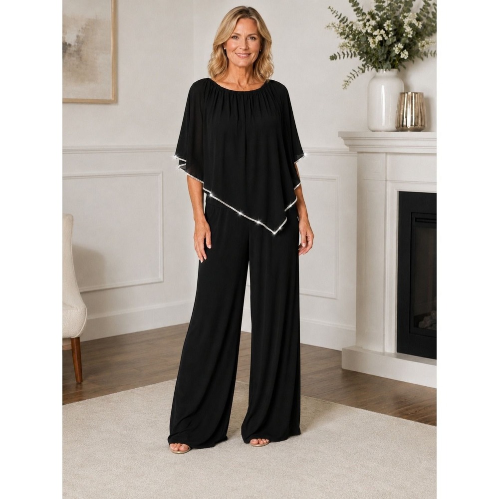 MSK Black Rhinestone Trim Asymmetrical Overlay Wide Leg Jumpsuit XL CruiseWear